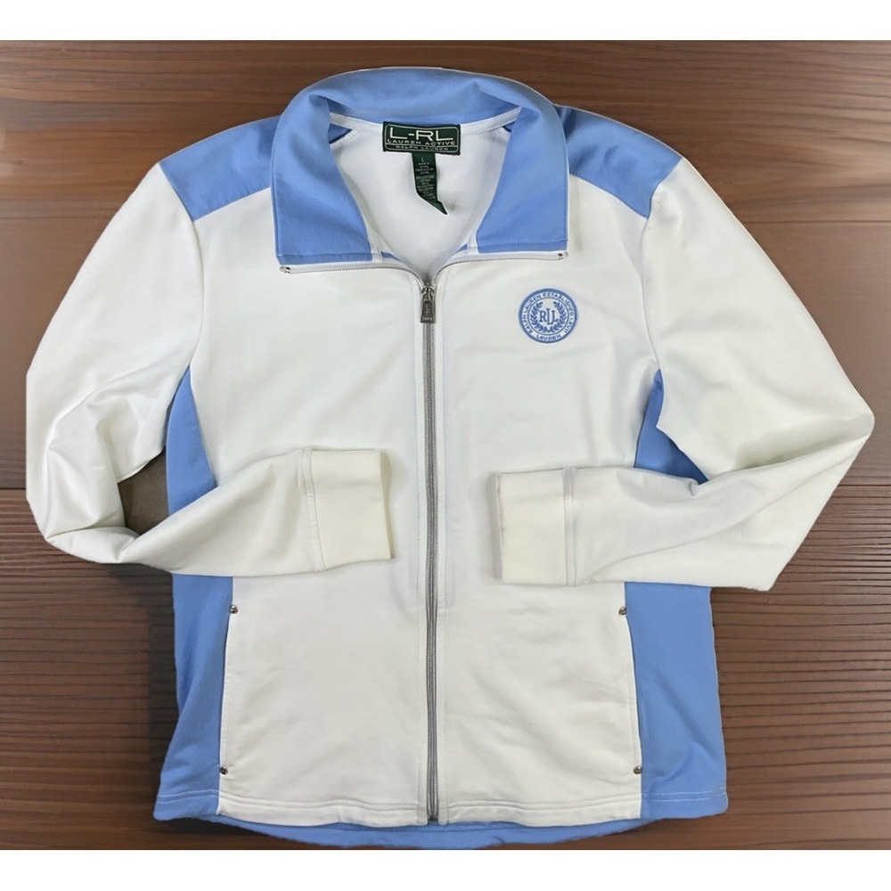 Lauren Ralph Lauren Track Jacket‎ Womens L Active LRL Crest White Blue Vintage